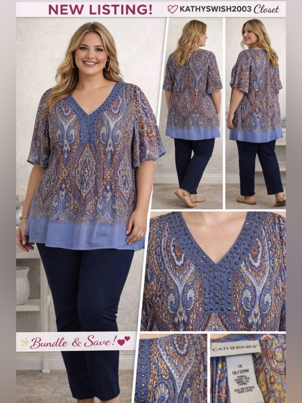 Catherine’s Blue Crinkle Studded V Neck with Flutter Sleeves 1X 18/20